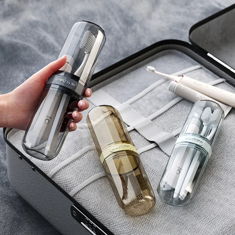 Travel toothbrush holder cups packed in luggage for portable hygiene storage