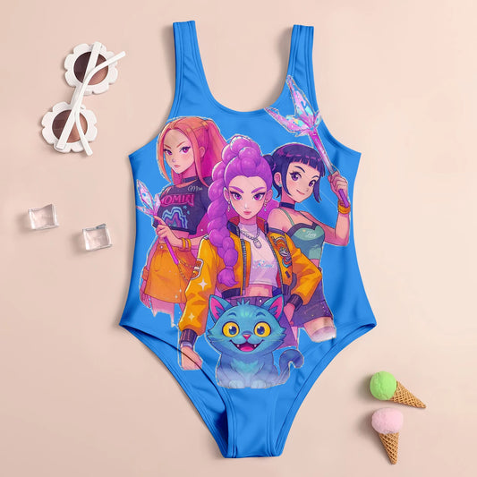 Youth one-piece swimsuit with secure fit for camp and swim activities in blue