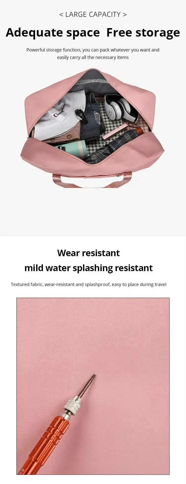 Interior view of foldable duffel bag showing spacious main compartment for clothing and travel items