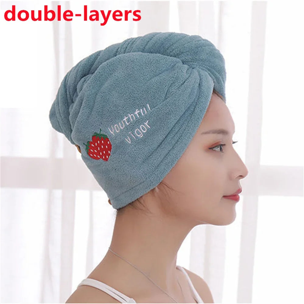 Microfiber hair towel wrap with secure button closure and double layer design