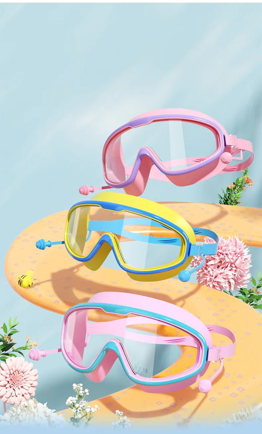 Kids swim goggles with anti-fog lenses and adjustable strap, multiple color options for ages 7–17