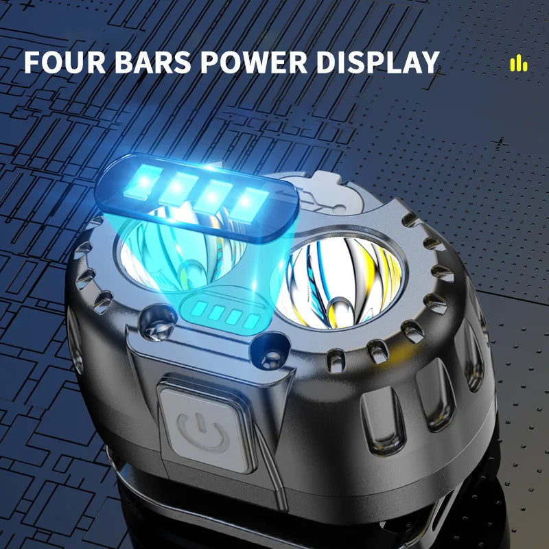 Multi-mode rechargeable LED headlamp showing different brightness settings