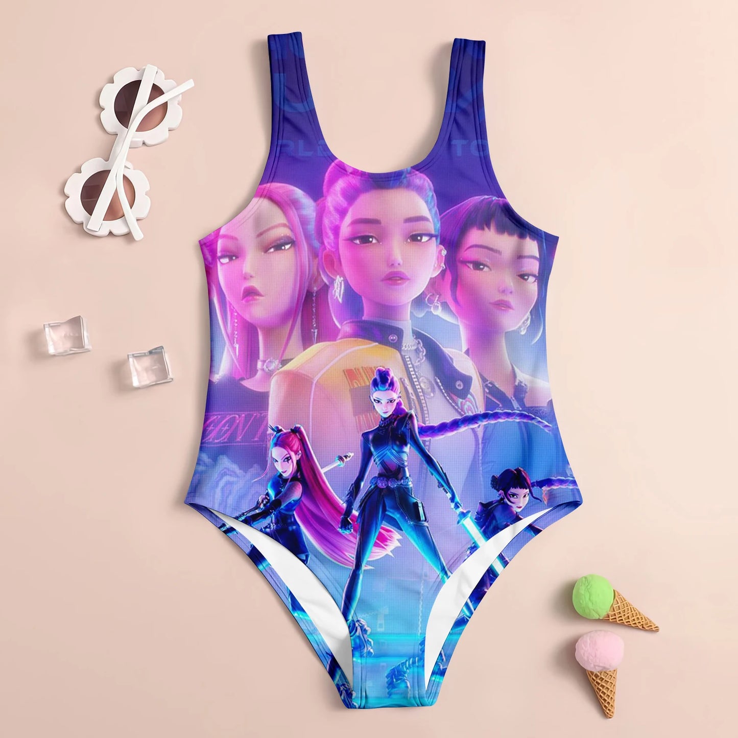 Youth one-piece swimsuit for camp swim activities with full coverage in pink