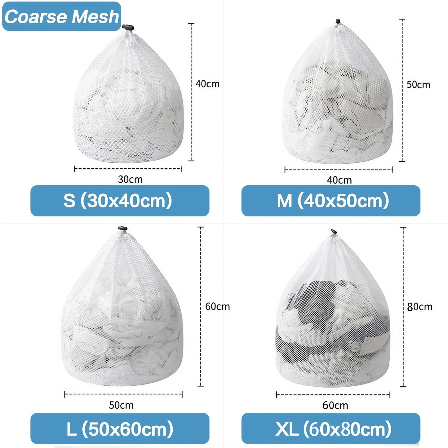 Mesh laundry wash bags in multiple sizes for camp clothes, towels, and swimwear