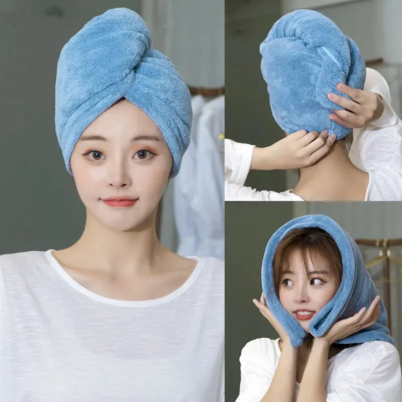 Microfiber hair towel wrap worn after shower for quick drying