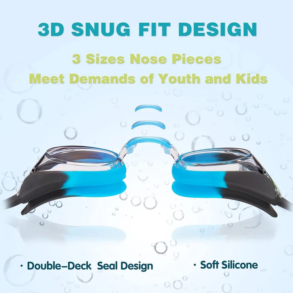Slim fit kids swimming goggles with snug seal and adjustable strap