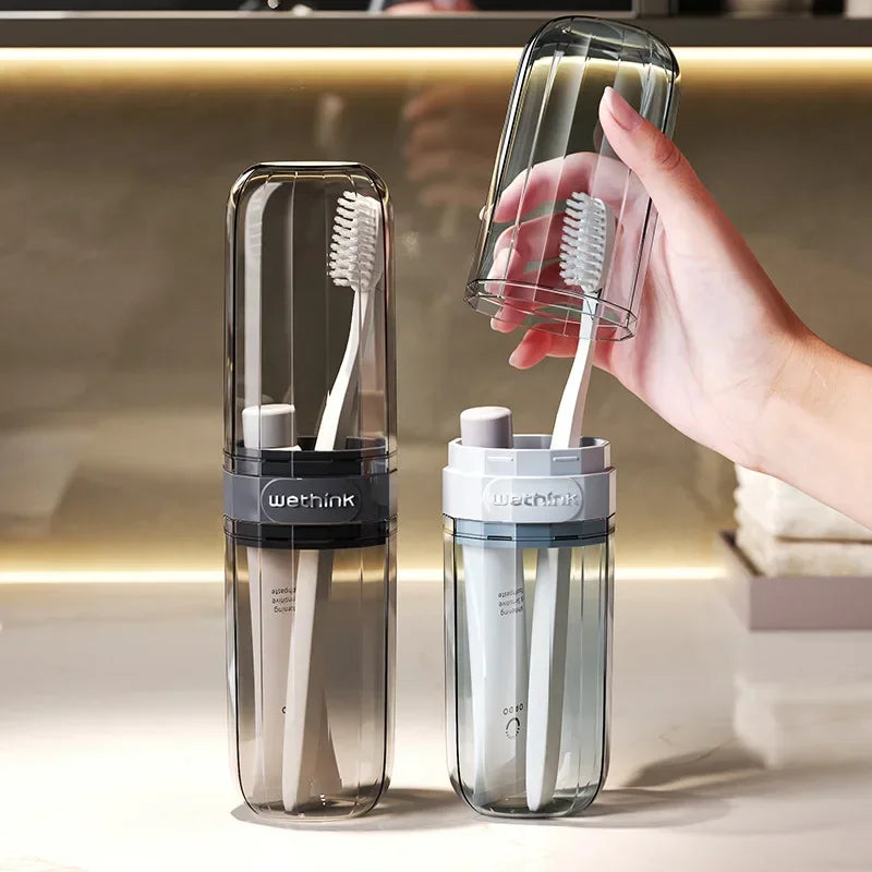 Portable toothbrush holder cup used at sink for clean storage