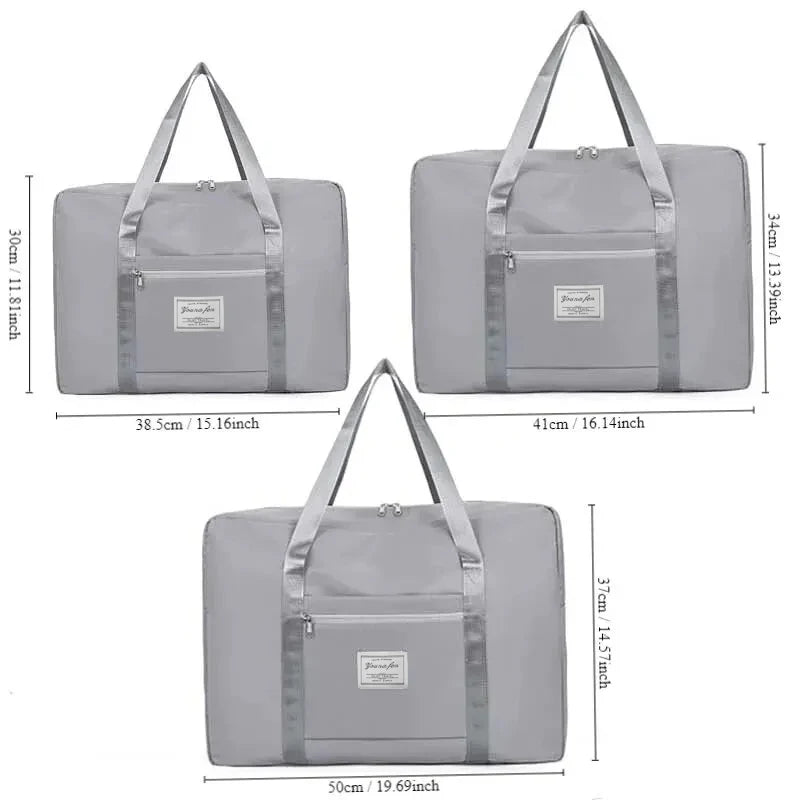 Foldable travel duffel bags in pink, blue, and grey showing color options and size comparison