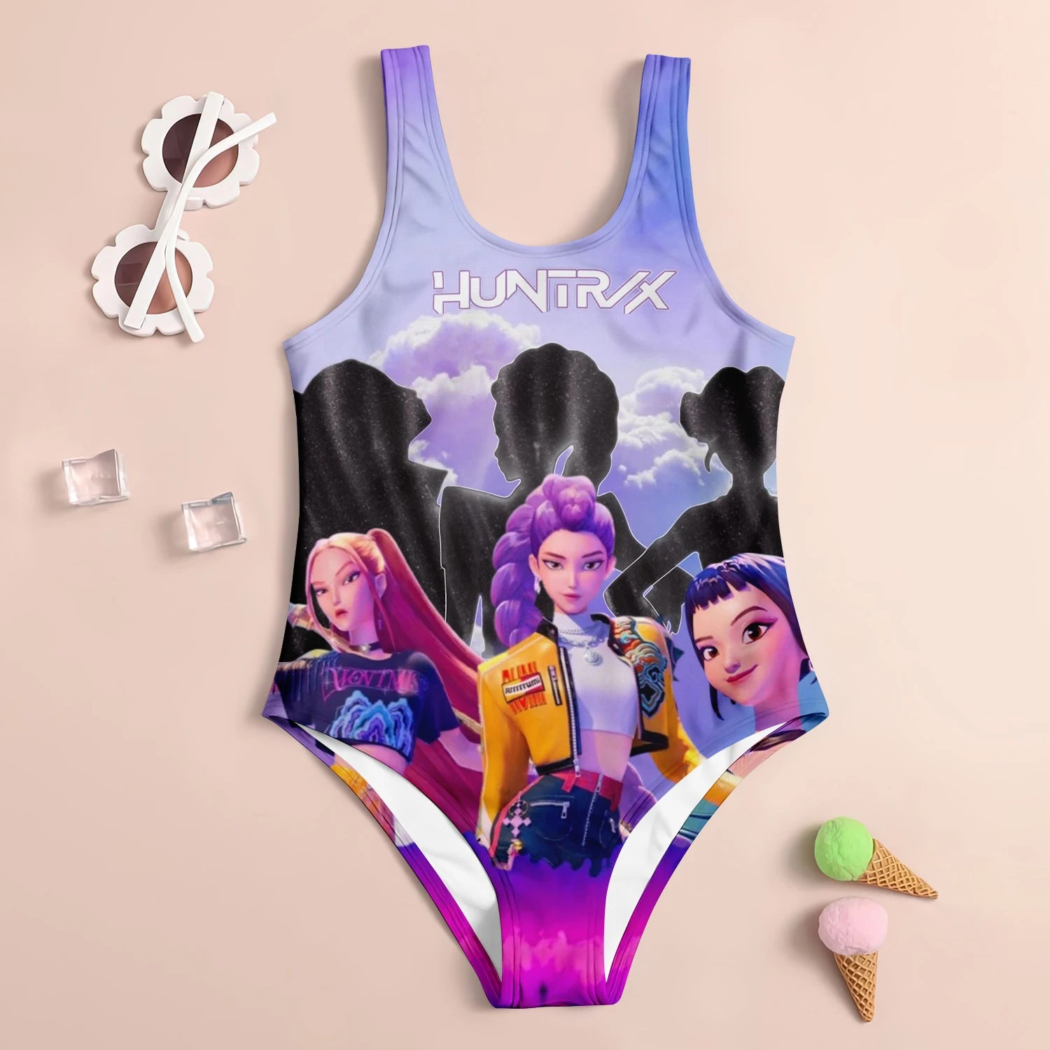 Youth one-piece swimsuit for pool and camp swim activities in lavende