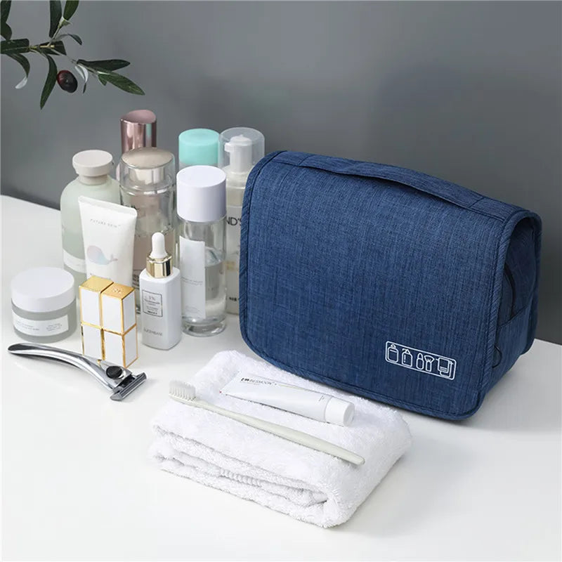 Easy-access hanging toiletry bag with interior pockets for travel use